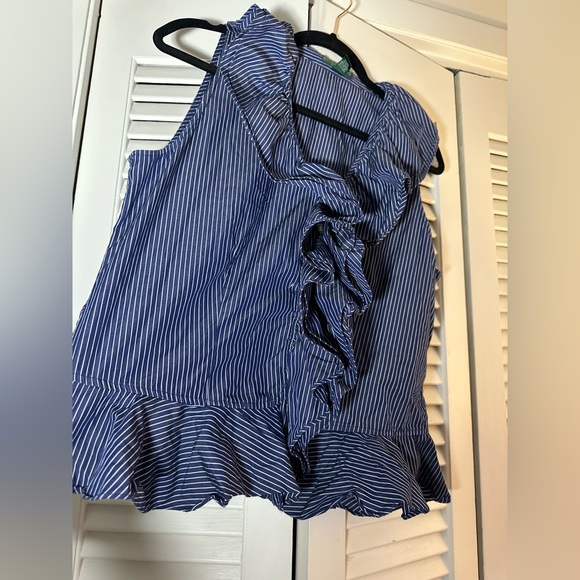 Ralph Lauren Navy Striped Ruffle Blouse - Picture 4 of 8